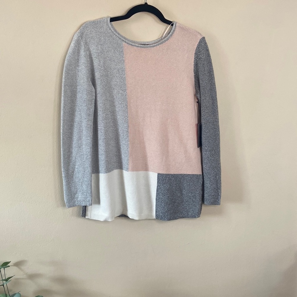 Vince Camuto Soft Knit Colorblock Sweater Neutral Blush Gray White Minimalist XS